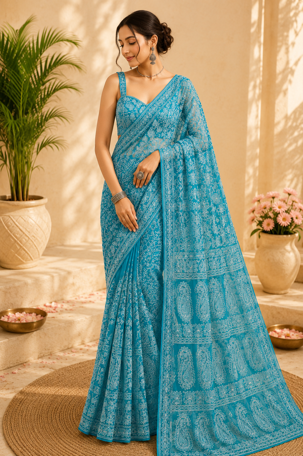 A woman wearing a sky blue pure georgette saree featuring intricate white floral embroidery and paisley motifs with a matching blouse.