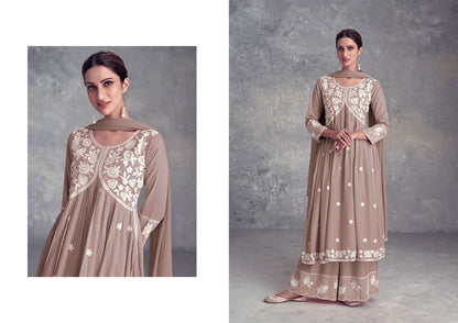 Pastel Brown Purple Nyra Cut Palazzo Suit, Lukhnawi embroidery Palazzo Suit, Indian Ethnic wear