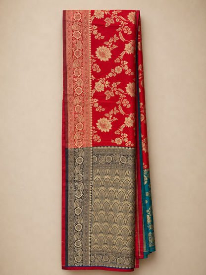 Folded Red Banarasi Art Silk Saree with Rich Gold Zari Floral Weaving and Contrast Woven Border