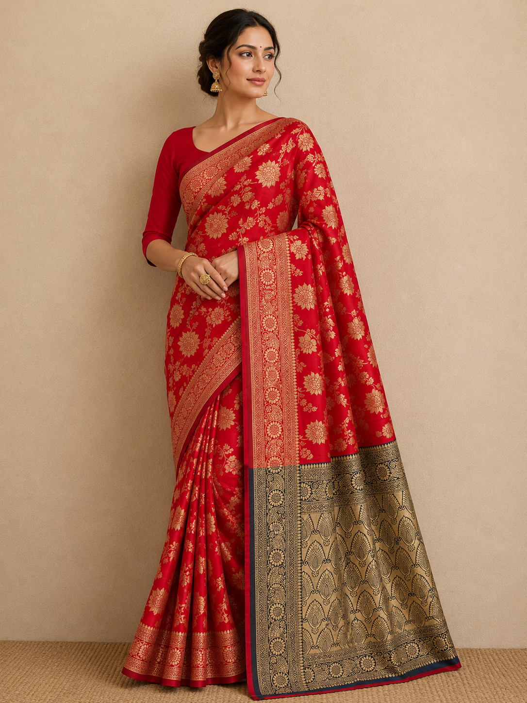 Woman Wearing Red Banarasi Art Silk Saree with Gold Zari Floral Weaving and Traditional Woven Border