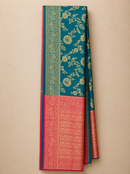 Folded Teal Blue Banarasi Art Silk Saree Showing Rich Gold Zari Floral Weaving and Contrast Border