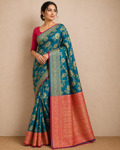 Woman Wearing Teal Blue Banarasi Art Silk Saree with Rich Gold Zari Floral Weaving and Contrast Peach Pallu
