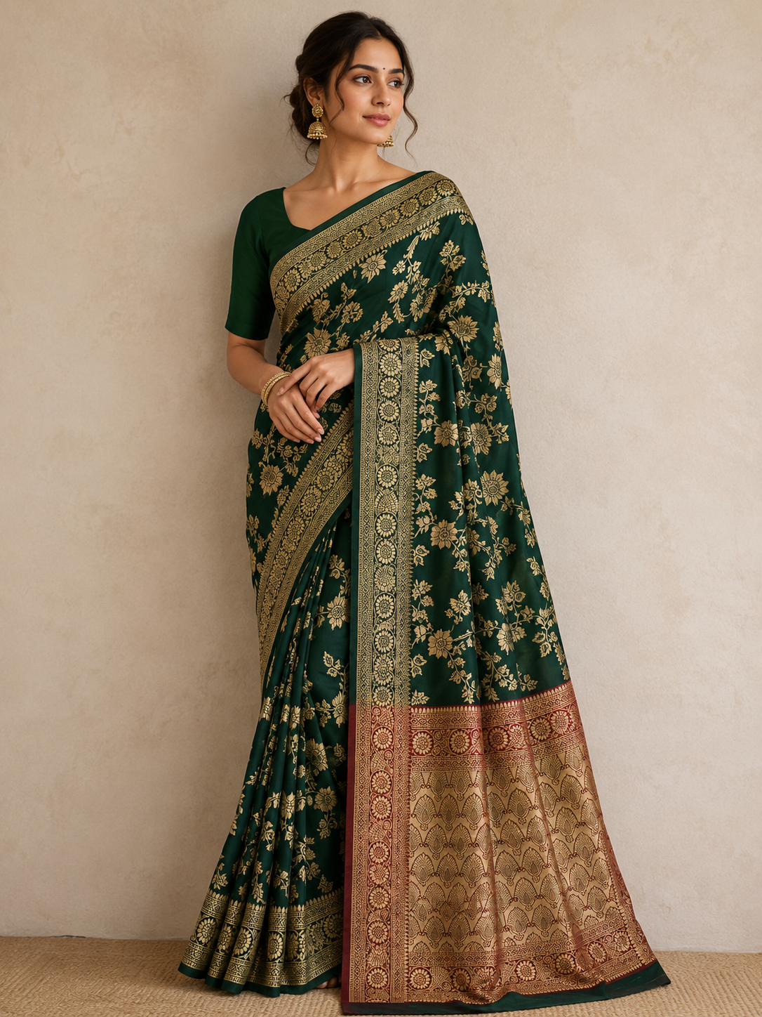 Woman Wearing Dark Green Banarasi Art Silk Saree with Rich Gold Zari Floral Weaving and Traditional Border
