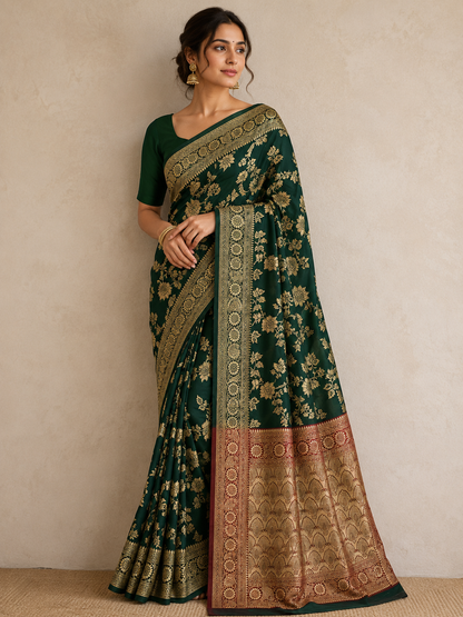 Woman Wearing Dark Green Banarasi Art Silk Saree with Rich Gold Zari Floral Weaving and Traditional Border
