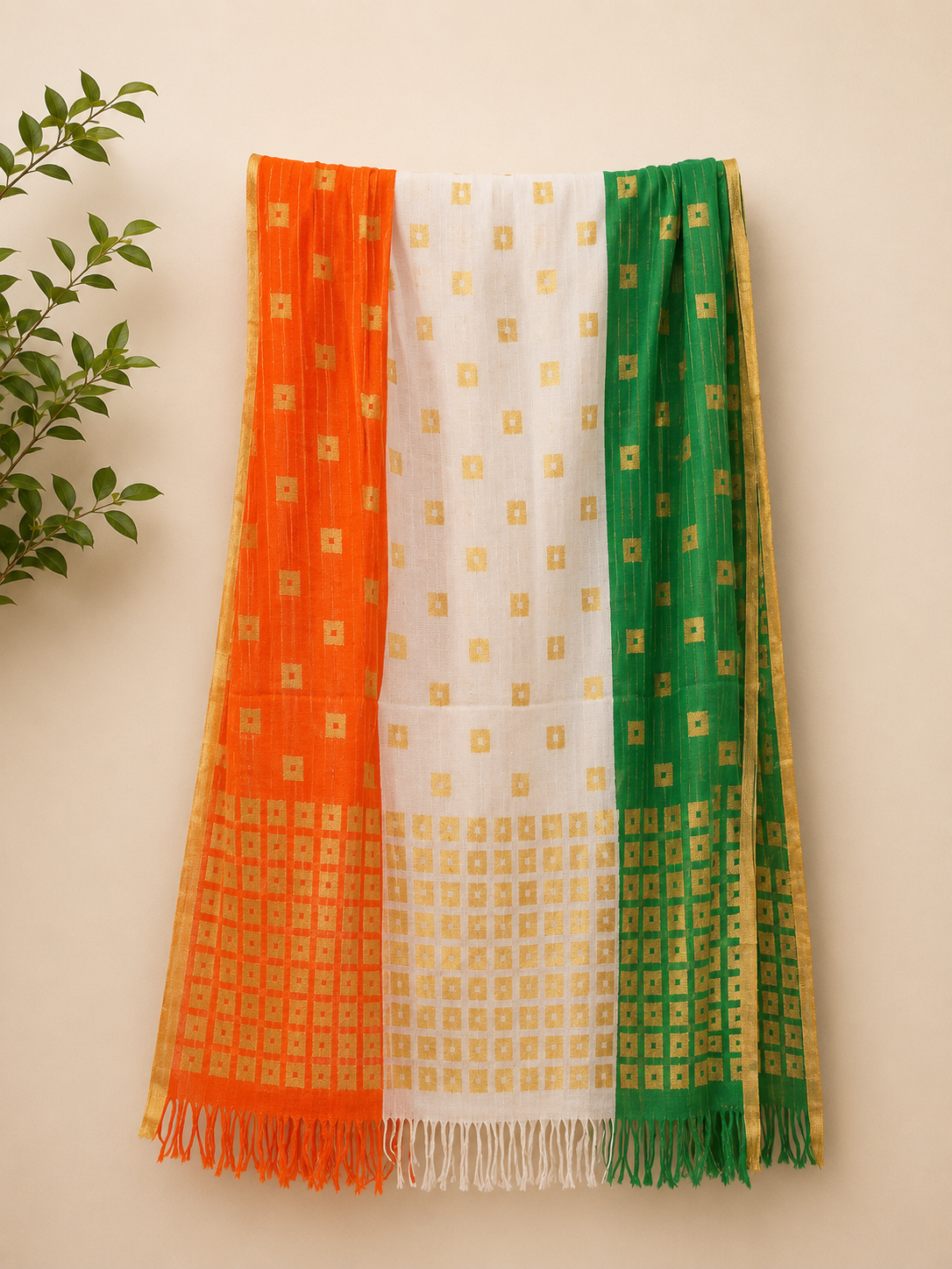 Tricolor Chanderi Dupatta | Woven Gold Motifs, Lightweight Stole