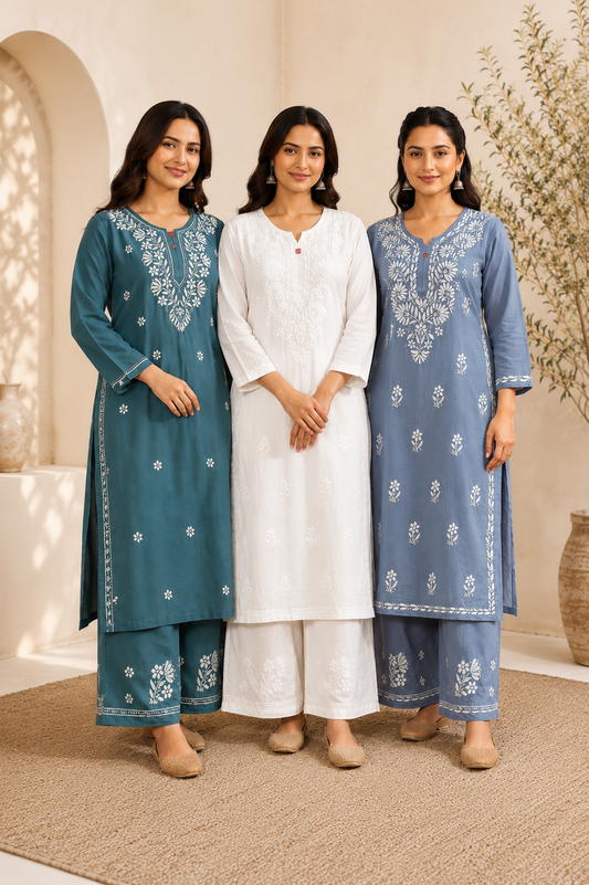 Hand Embroidered Rayon Kurta Pant Set for Women | White Chikankari Style Kurti with Palazzo | Indian Ethnic Co-ord Set | 44" Kurta MS