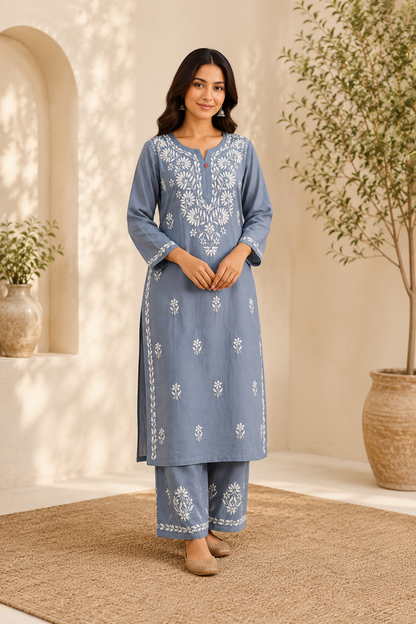 Hand Embroidered Rayon Kurta Pant Set for Women | White Chikankari Style Kurti with Palazzo | Indian Ethnic Co-ord Set | 44" Kurta MS