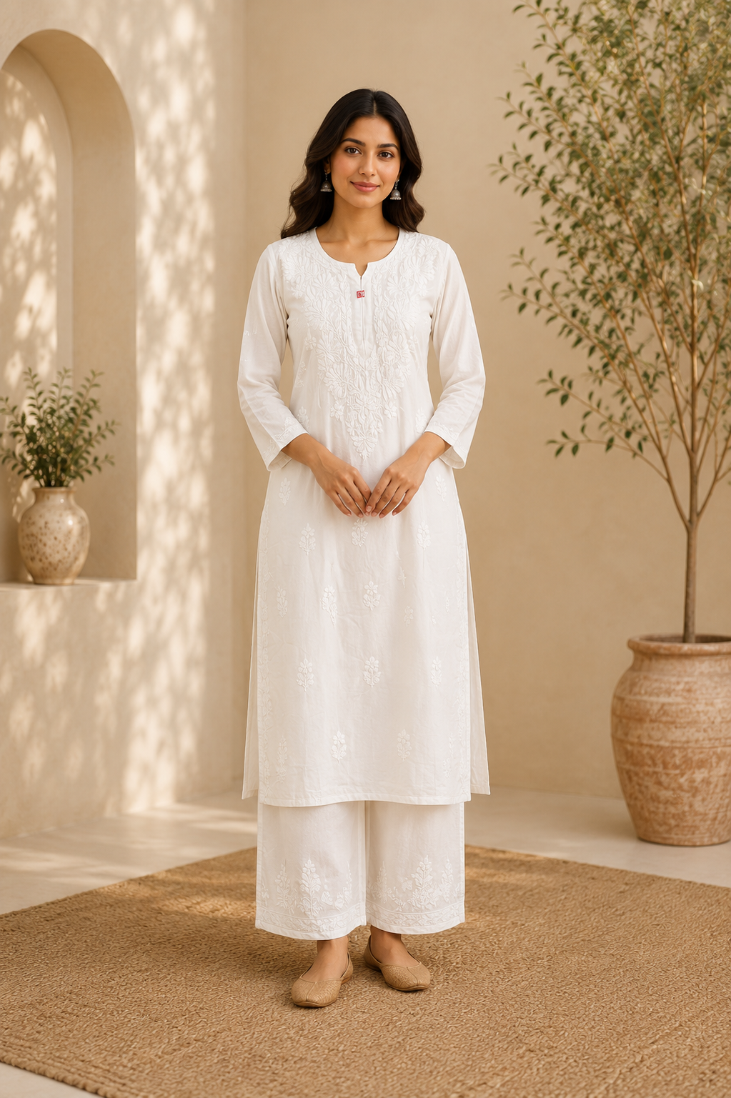 Hand Embroidered Rayon Kurta Pant Set for Women | White Chikankari Style Kurti with Palazzo | Indian Ethnic Co-ord Set | 44" Kurta MS