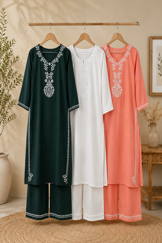 Hand Embroidered Rayon Kurta Pant Set for Women | Peach, Green White Chikankari Style Kurti with Palazzo | Indian Ethnic Co-ord Set | 44" Kurta MS
