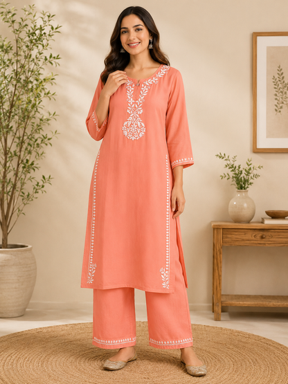 Hand Embroidered Rayon Kurta Pant Set for Women | Peach, Green White Chikankari Style Kurti with Palazzo | Indian Ethnic Co-ord Set | 44" Kurta MS