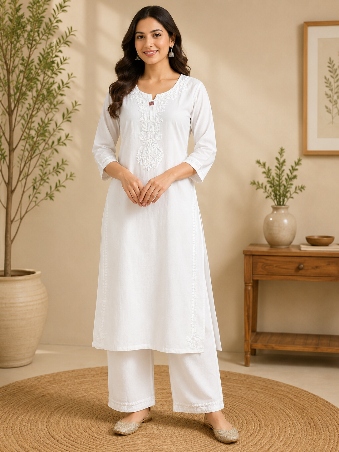 Hand Embroidered Rayon Kurta Pant Set for Women | Peach, Green White Chikankari Style Kurti with Palazzo | Indian Ethnic Co-ord Set | 44" Kurta MS