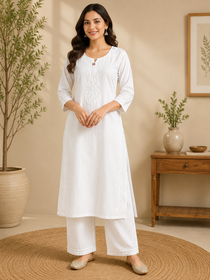 Hand Embroidered Rayon Kurta Pant Set for Women | Peach, Green White Chikankari Style Kurti with Palazzo | Indian Ethnic Co-ord Set | 44" Kurta MS