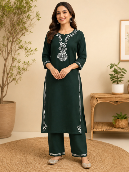 Hand Embroidered Rayon Kurta Pant Set for Women | Peach, Green White Chikankari Style Kurti with Palazzo | Indian Ethnic Co-ord Set | 44" Kurta MS
