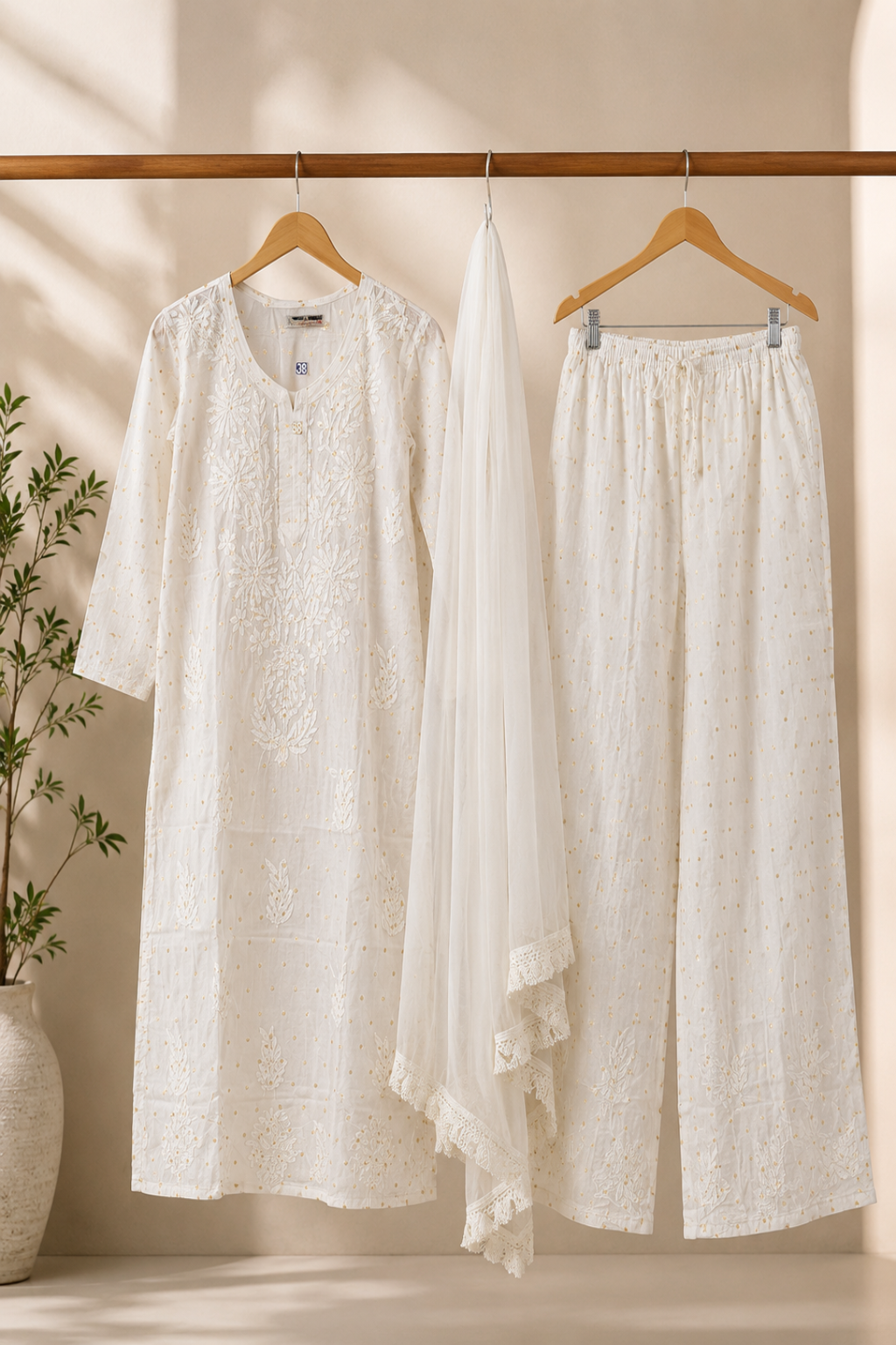 White Chanderi Palazzo Suit Set for Women | 3 Piece Lucknowi Chikankari & Zari Work Kurta with Dupatta | Festive Ethnic Wear  ZN