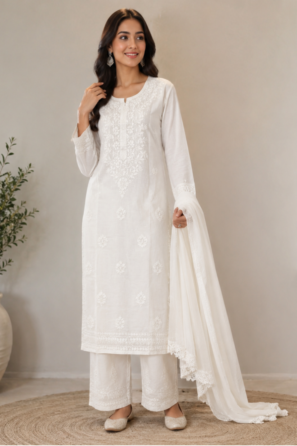 White Chanderi Embroidered Pant Suit with Dupatta | 3 Piece Set | Lukhnawi Suit , Casual Wear, Family Functions ZN