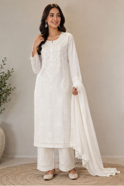 White Chanderi Embroidered Pant Suit with Dupatta | 3 Piece Set | Lukhnawi Suit , Casual Wear, Family Functions ZN
