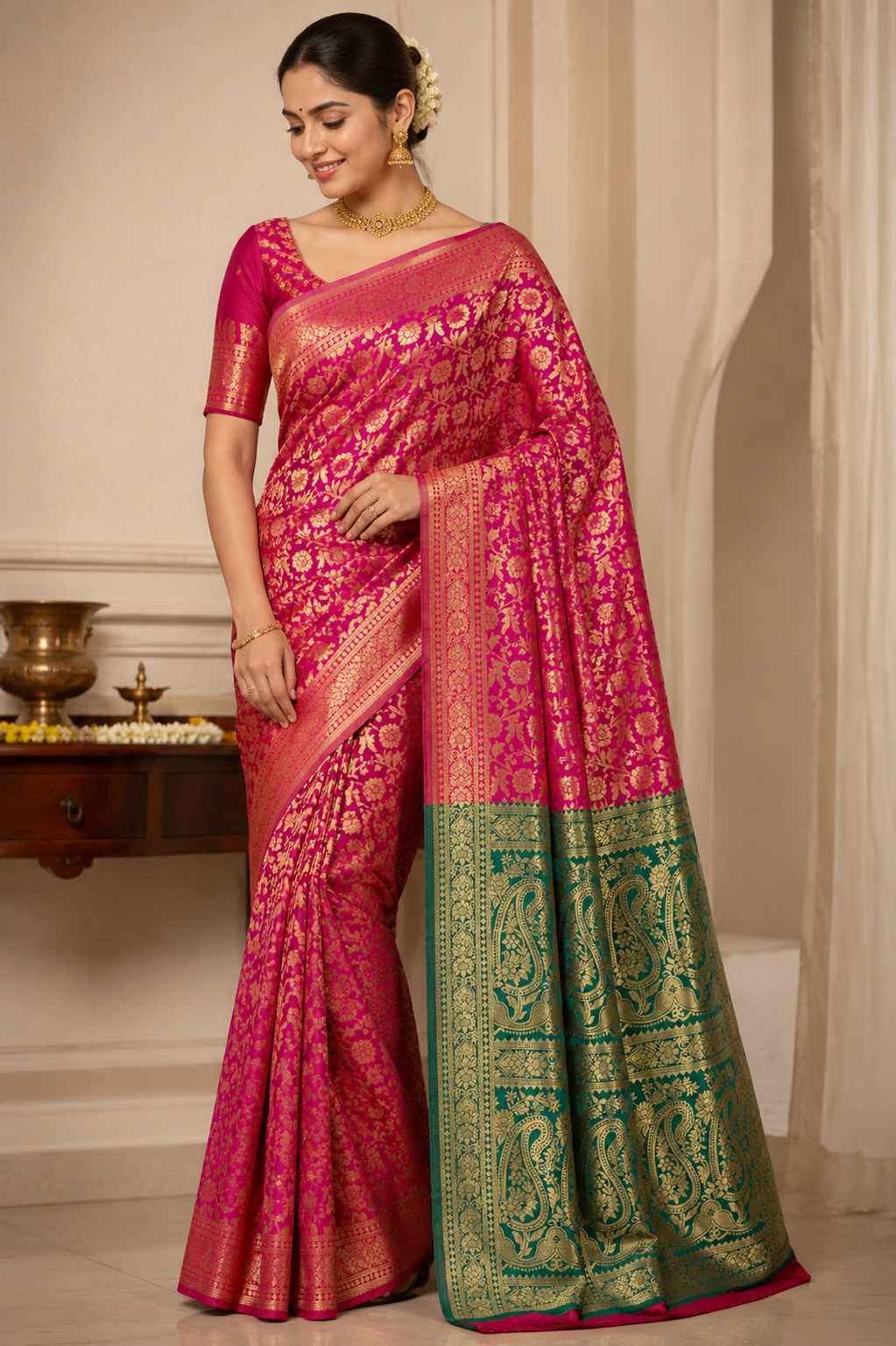 Woman wearing a Fuchsia Pink Banarasi Silk Saree with Green Contrast Pallu and Gold Zari Weaving