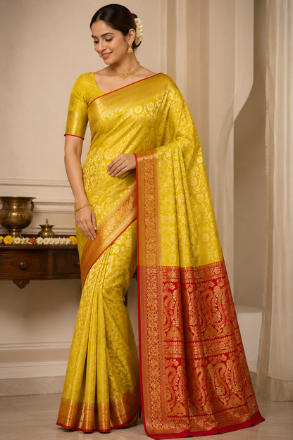 Woman wearing a Yellow Banarasi Silk Saree with Red Contrast Pallu and Gold Zari Weaving