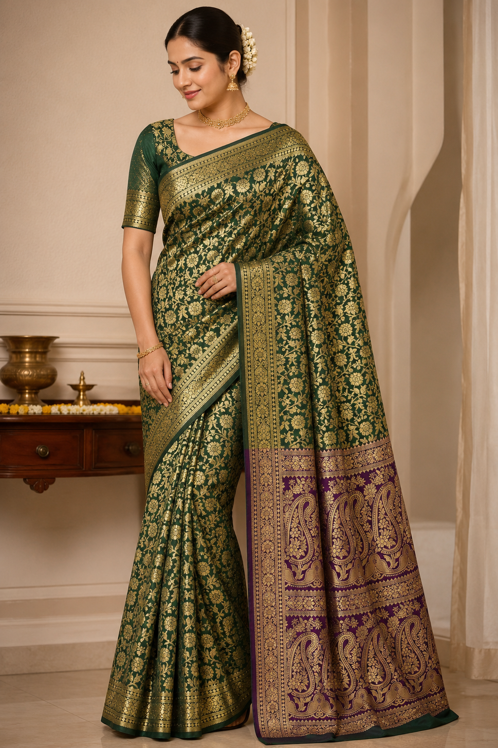 Woman wearing a Green Banarasi Silk Saree with Purple Contrast Pallu and Gold Zari Weaving