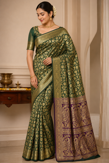 Woman wearing a Green Banarasi Silk Saree with Purple Contrast Pallu and Gold Zari Weaving