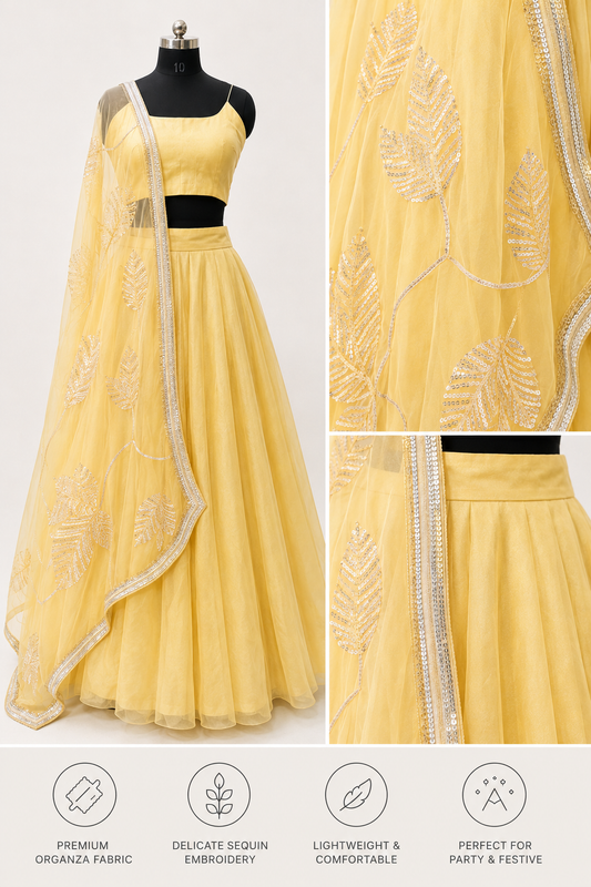 Pastel Yellow Organza Lehenga,  Indian Wedding Wear, Hand Embroidered Dupatta/ Stole