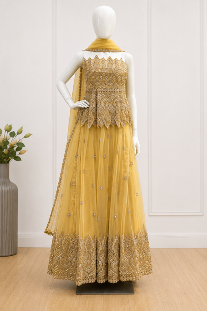 Designer Gold Net Lehenga with Set with Dupatta