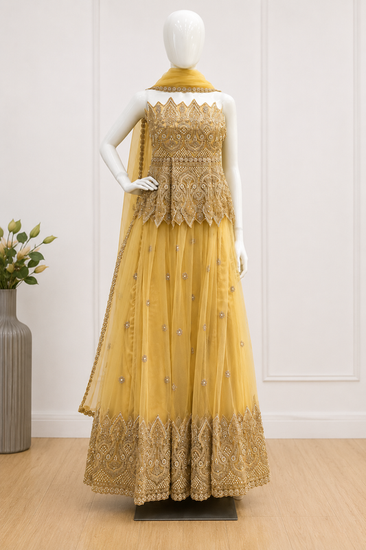 Designer Gold Net Lehenga with Set with Dupatta