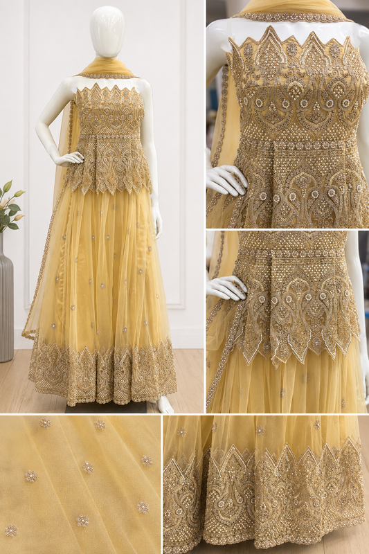 Designer Gold Net Lehenga with Set with Dupatta
