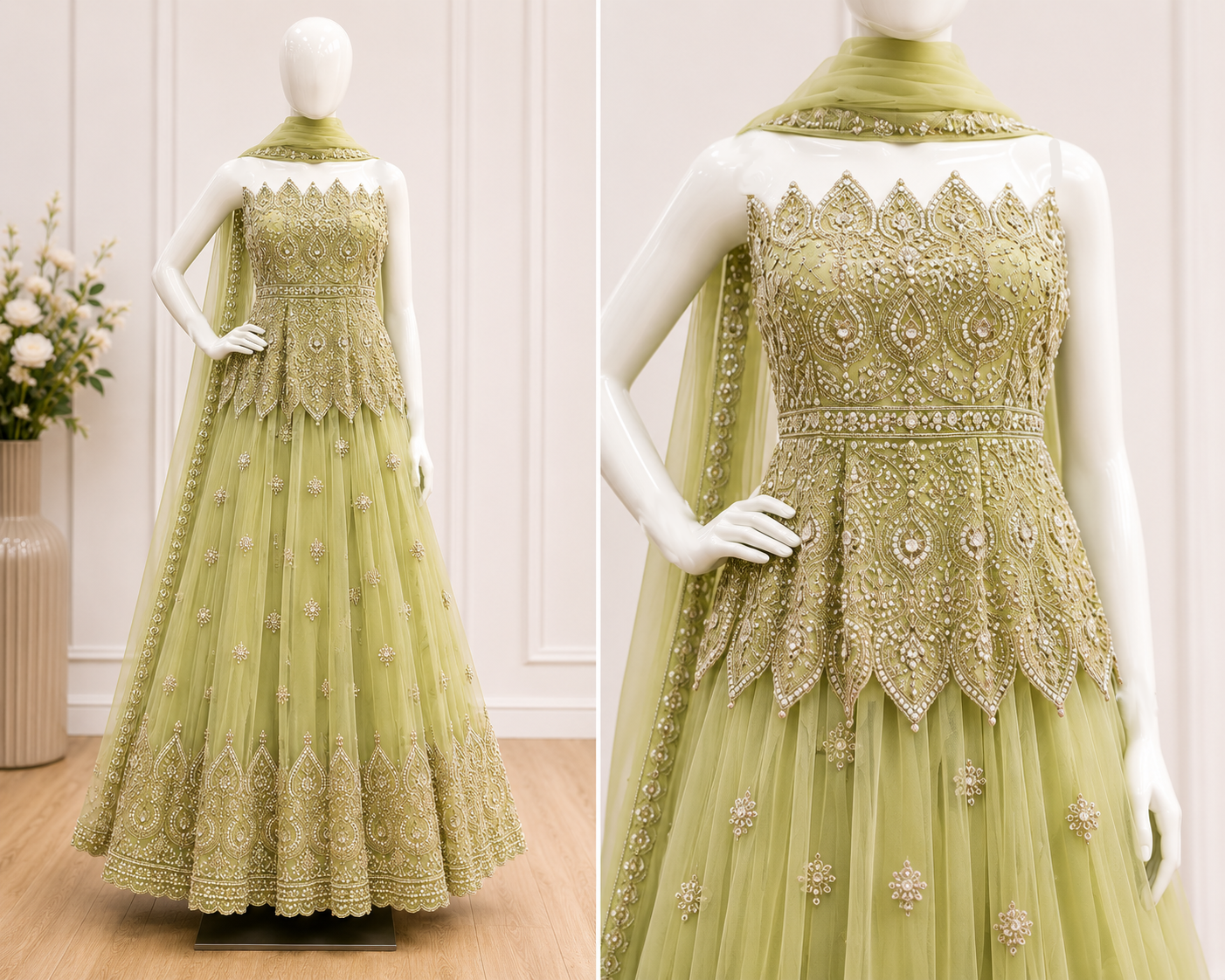 Designer Pastel Green Net Lehenga with Set with Dupatta