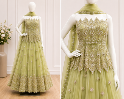 Designer Pastel Green Net Lehenga with Set with Dupatta