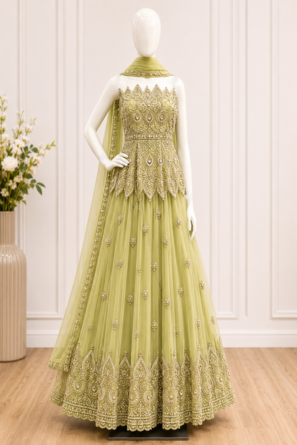 Designer Pastel Green Net Lehenga with Set with Dupatta