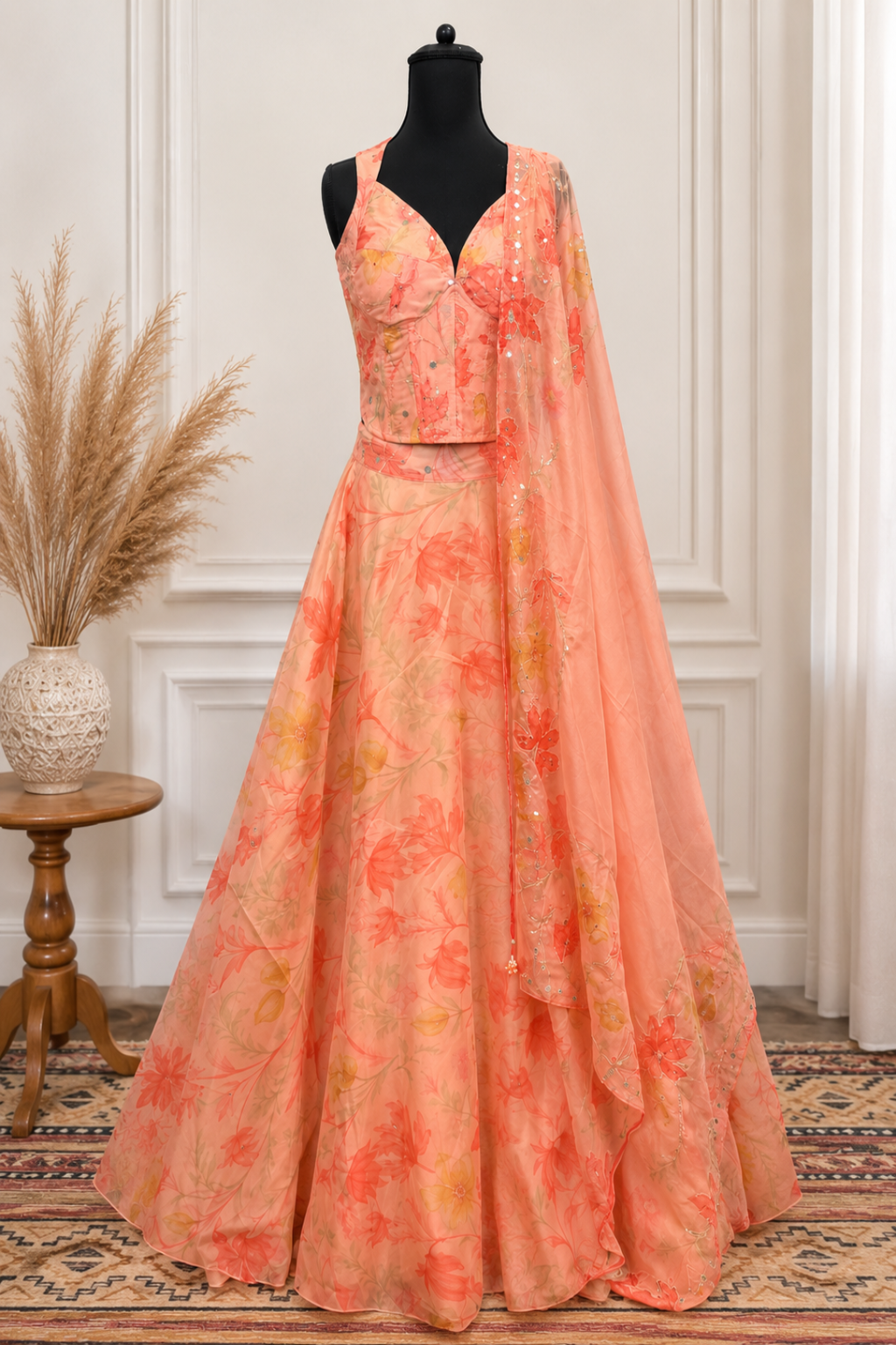 Peach Floral Printed Lehenga Set with Embroidered Blouse & Organza Dupatta