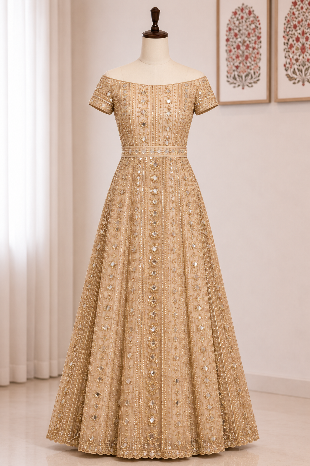 Luxury Champagne Gold Embroidered Evening Gown