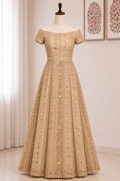 Luxury Champagne Gold Embroidered Evening Gown
