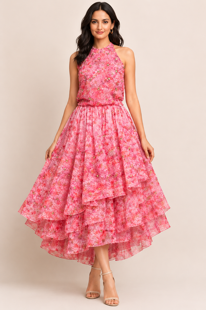 Peach pink Organza Floral Skirt and Blouse Set, Patywear