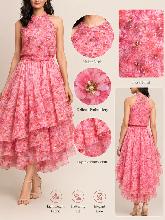 Peach pink Organza Floral Skirt and Blouse Set, Patywear