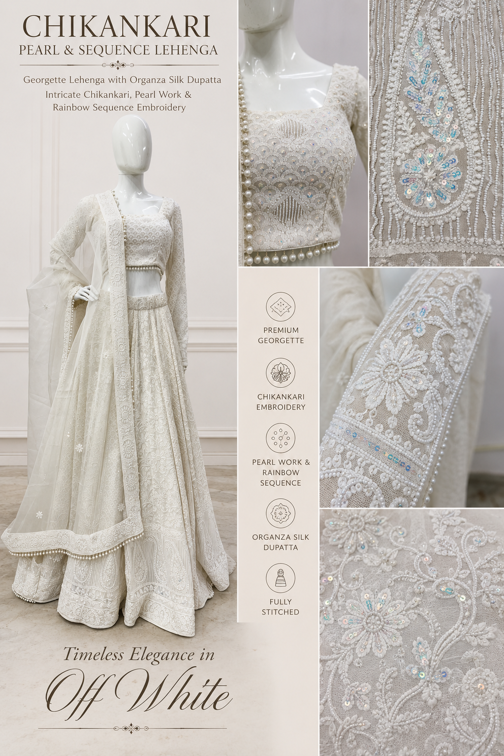 Off White Chikankari Pearl & Rainbow Sequin Lehenga Set with Organza Silk Dupatta