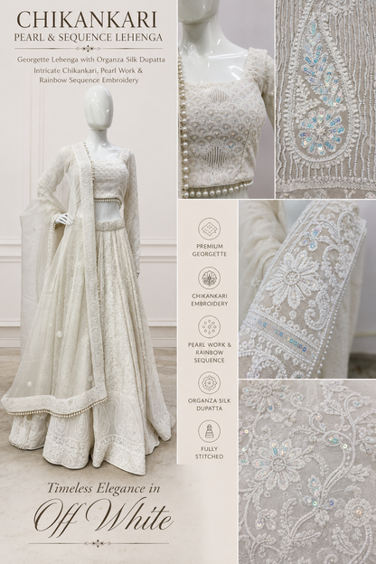 Off White Chikankari Pearl & Rainbow Sequin Lehenga Set with Organza Silk Dupatta
