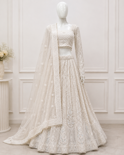 Off White Chikankari Pearl & Rainbow Sequin Lehenga Set with Organza Silk Dupatta