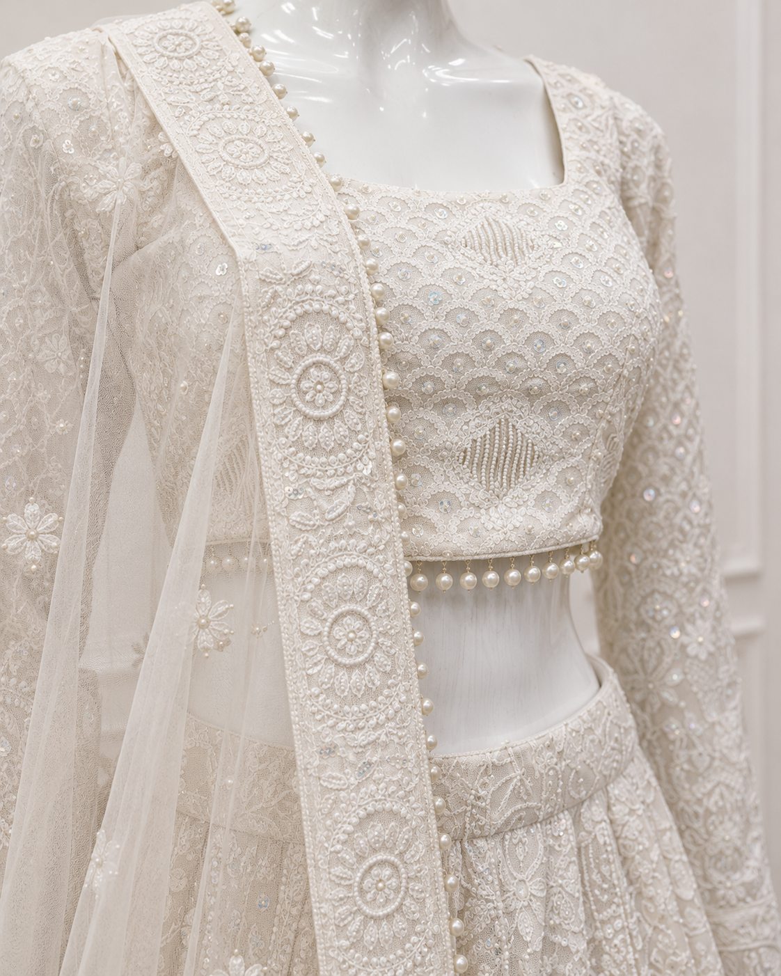 Off White Chikankari Pearl & Rainbow Sequin Lehenga Set with Organza Silk Dupatta