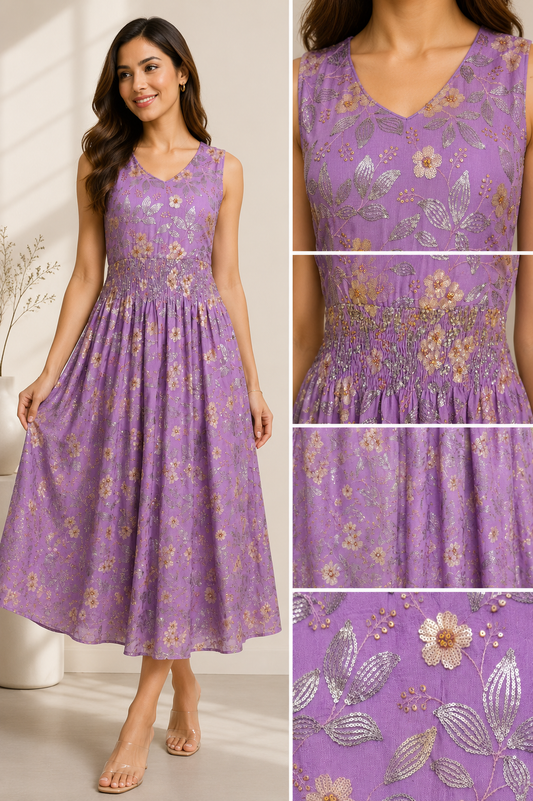Lavender Chinon Maxi Dress with Silver Thread Embroidery & Sequin Work | Sleeveless Floral Party Dress