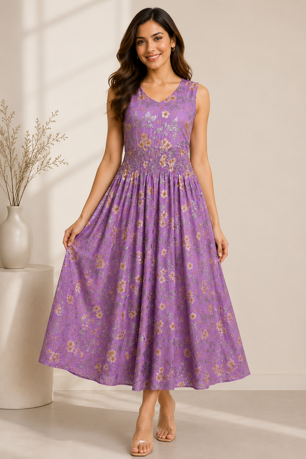 Lavender Chinon Maxi Dress with Silver Thread Embroidery & Sequin Work | Sleeveless Floral Party Dress