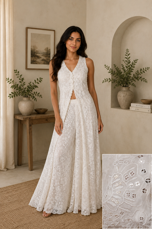 White Georgette Silk Embroidered Co-Ord Set with Palazzo Pants