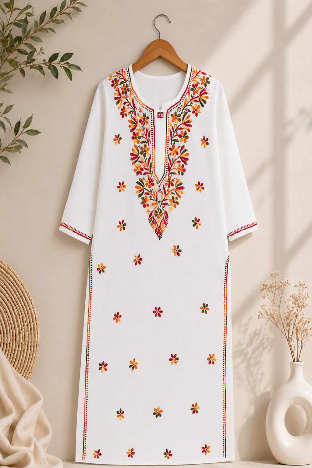 White Long Top,  White Long Kurti,  Multicolor Long Kurti,  White Chanderi Cotton Kurti,  White Cotton Long top,  Indian  Long Top,  Hand Embroidered Long Top,  Hand Embroidered Long Kurti