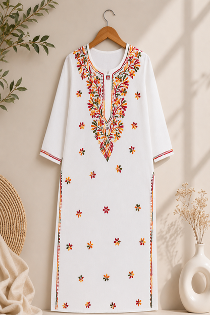 White Long Top,  White Long Kurti,  Multicolor Long Kurti,  White Chanderi Cotton Kurti,  White Cotton Long top,  Indian  Long Top,  Hand Embroidered Long Top,  Hand Embroidered Long Kurti