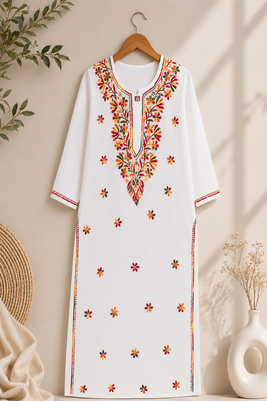 White Long Top,  White Long Kurti,  Multicolor Long Kurti,  White Chanderi Cotton Kurti,  White Cotton Long top,  Indian  Long Top,  Hand Embroidered Long Top,  Hand Embroidered Long Kurti