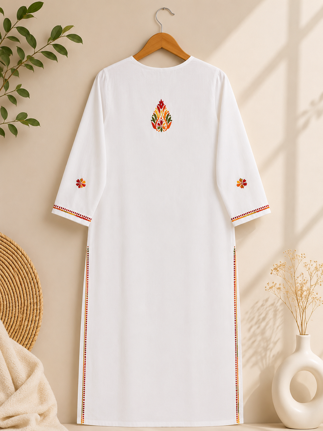 Hand Embroidered White Chanderi Cotton Kurti | Floral Indian Tunic | Ethnic Long Kurta for Women | Boho Festive Wear