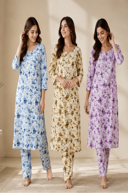 Women's Mul Mul Cotton Floral Printed Kurta Pant Set, Soft Breathable 2 Piece Co-Ord Set, Cotton Co-ord Sets, Lounge Wear, Daily Wear, Night Wear MS