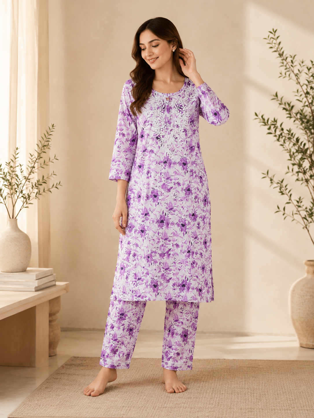 Women's Mul Mul Cotton Floral Printed Kurta Pant Set, Soft Breathable 2 Piece Co-Ord Set, Cotton Co-ord Sets, Lounge Wear, Daily Wear, Night Wear MS