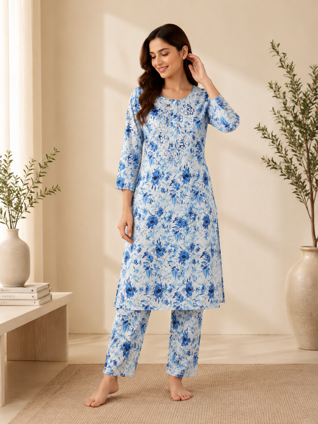 Women's Mul Mul Cotton Floral Printed Kurta Pant Set, Soft Breathable 2 Piece Co-Ord Set, Cotton Co-ord Sets, Lounge Wear, Daily Wear, Night Wear MS